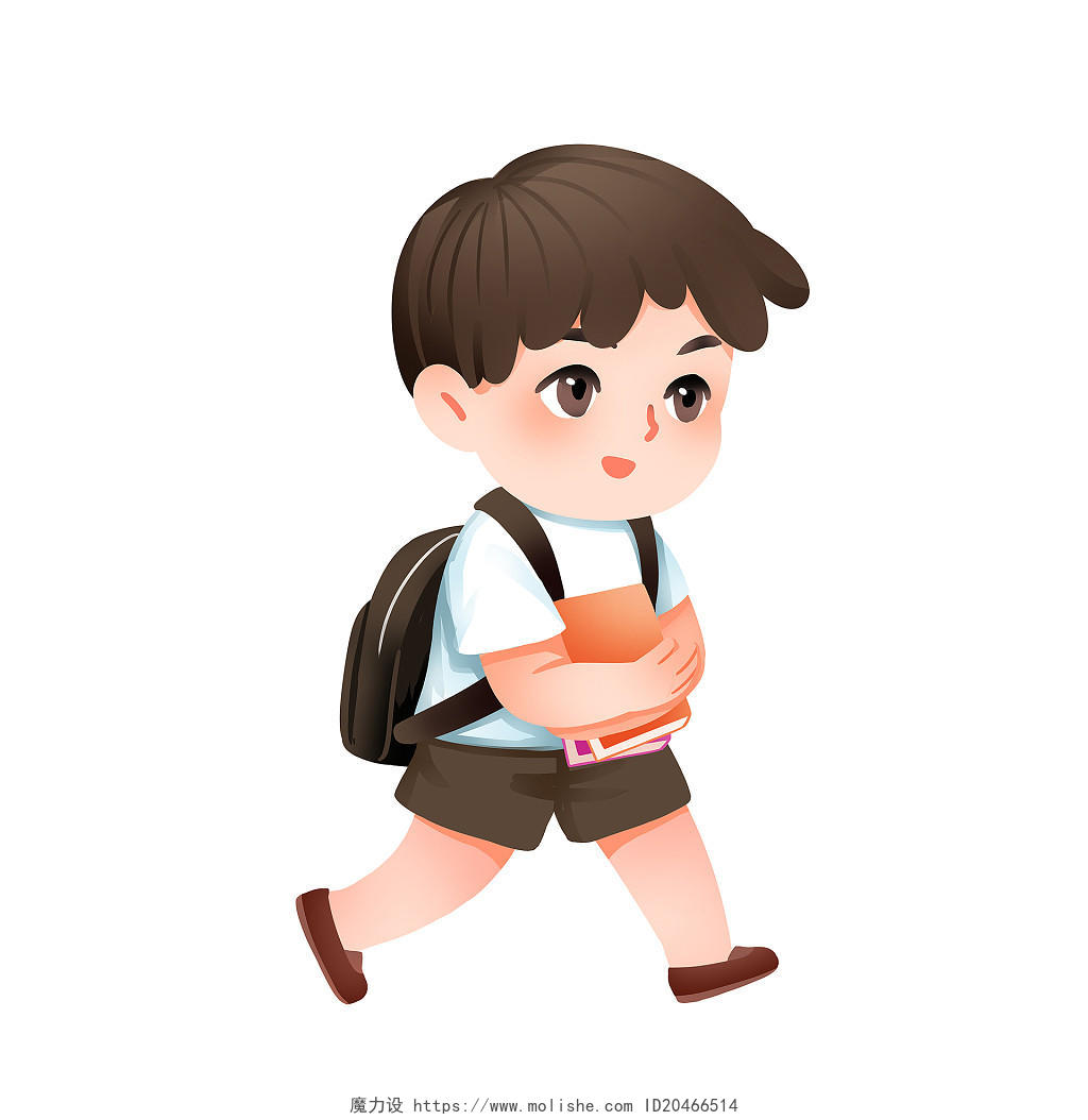 卡通手绘开学季人物背书包去上学的小男孩人物素材